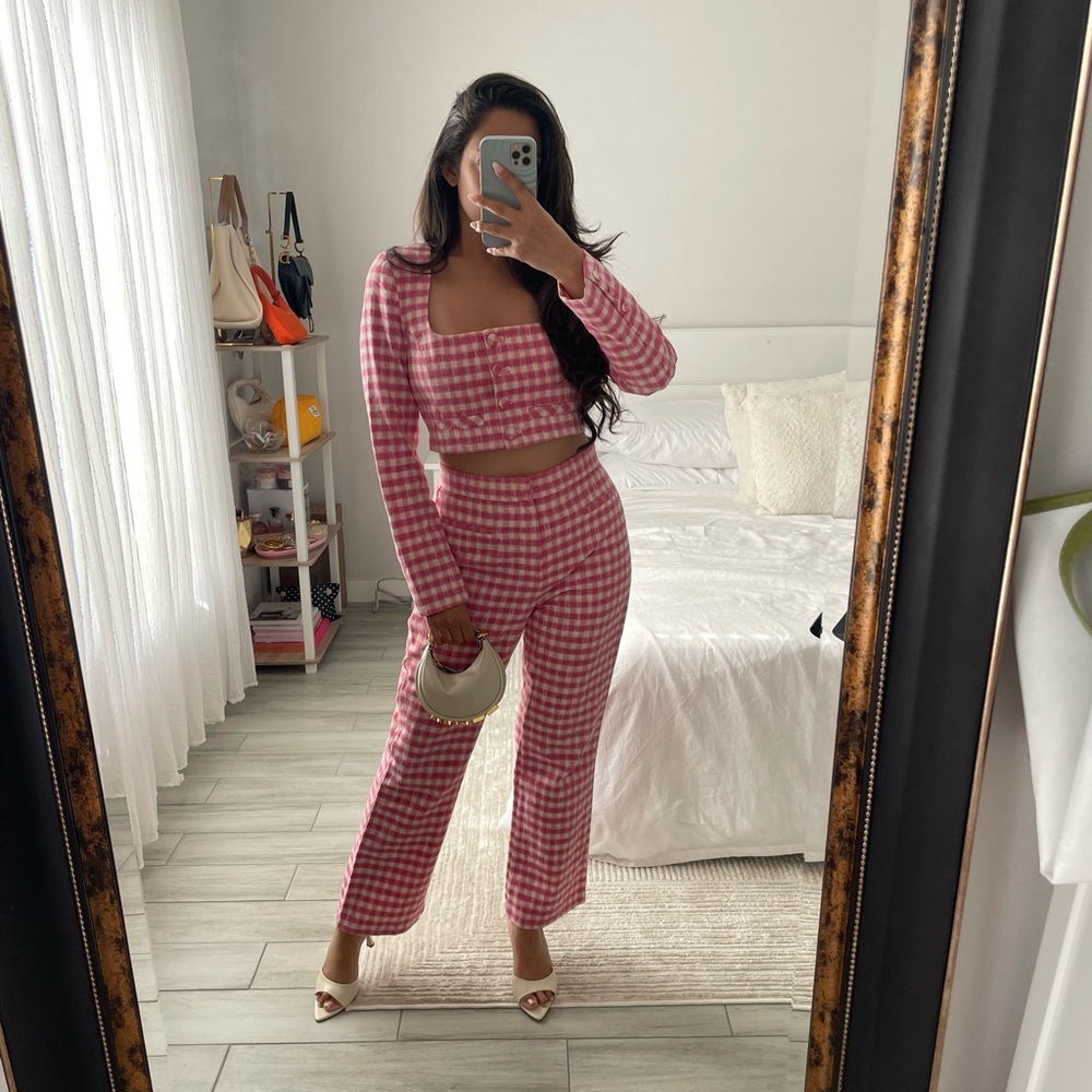 ZARA Pink & Cream Gingham Two-Piece Pantsuit Set Crop Top Wide Leg Pants S/M